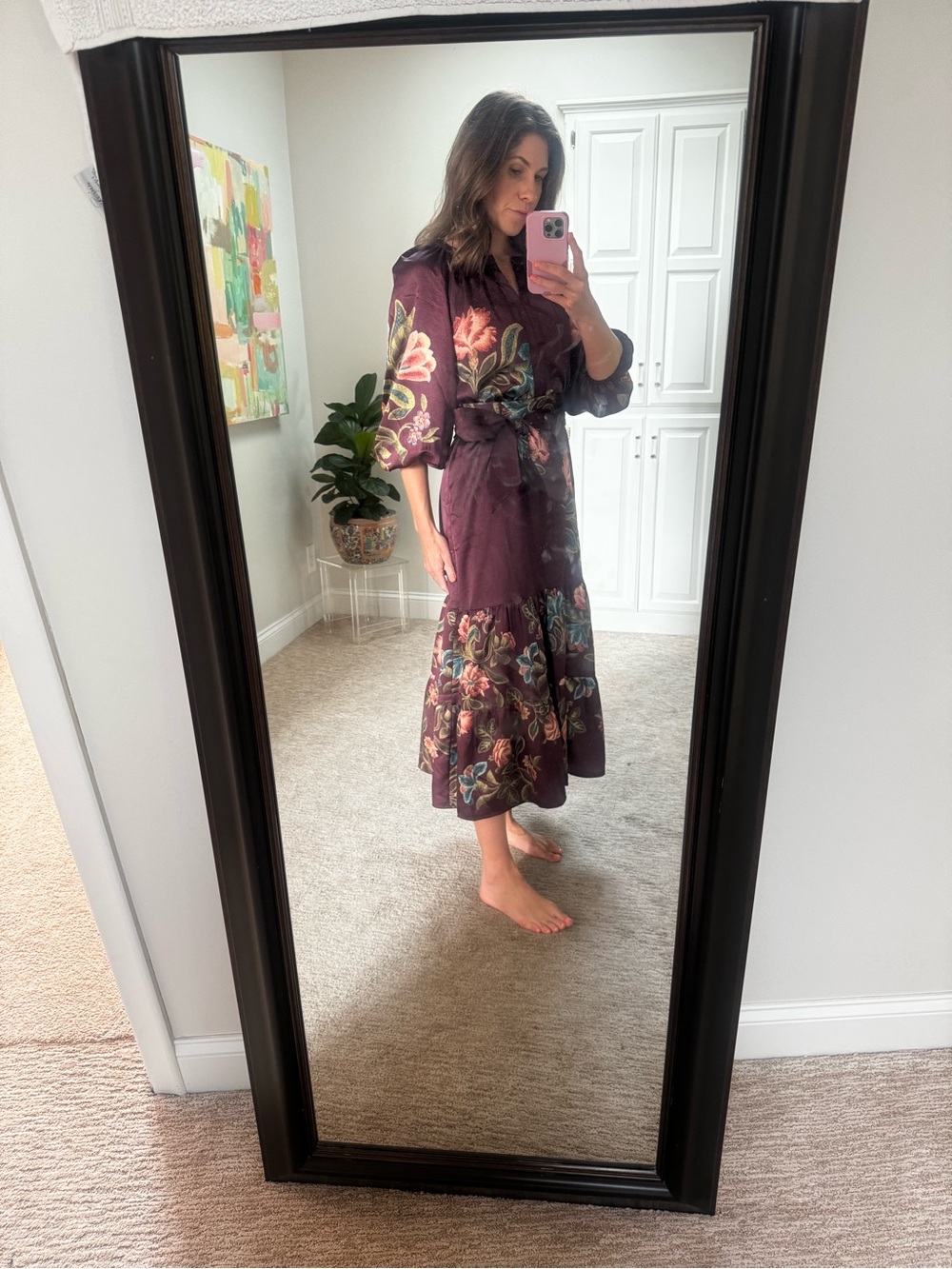 Tuckernuck Burgundy Floral Midi Dress with Tie Waist - Picture 4 of 6
